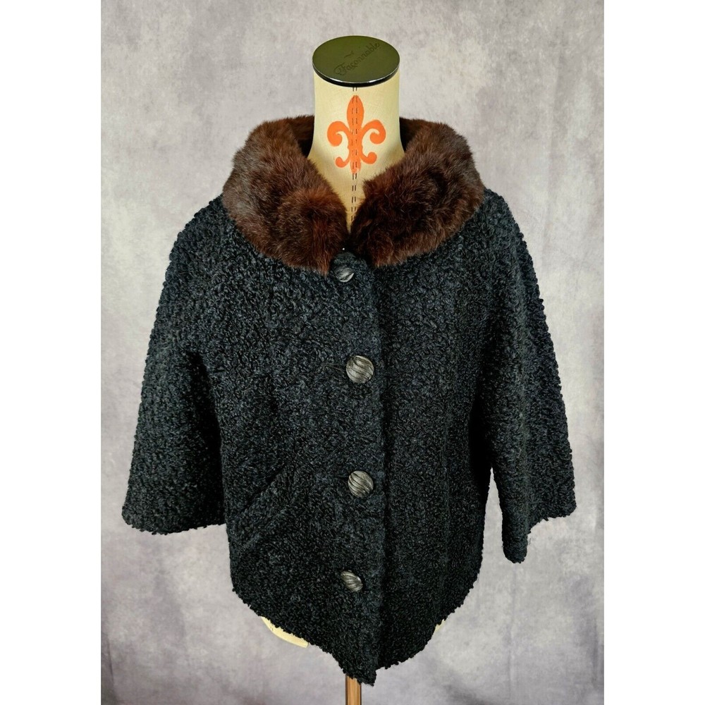 VTG 60s Styled By Winter Women L Black Wool Boucle 3/4 Slv Crop Jacket Brown Fur